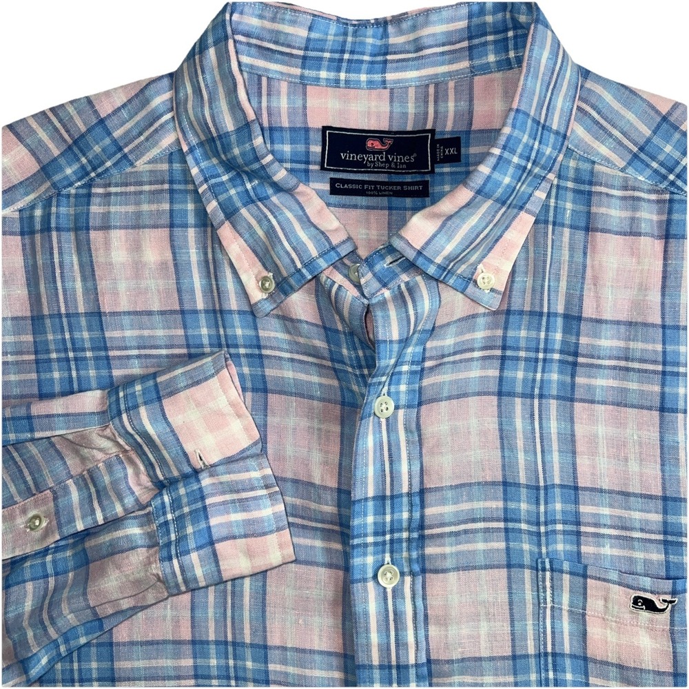 Vineyard Vines Classic‎ Fit Mens Linen Blue/pink Plaid Trucker Shirt Size XXL